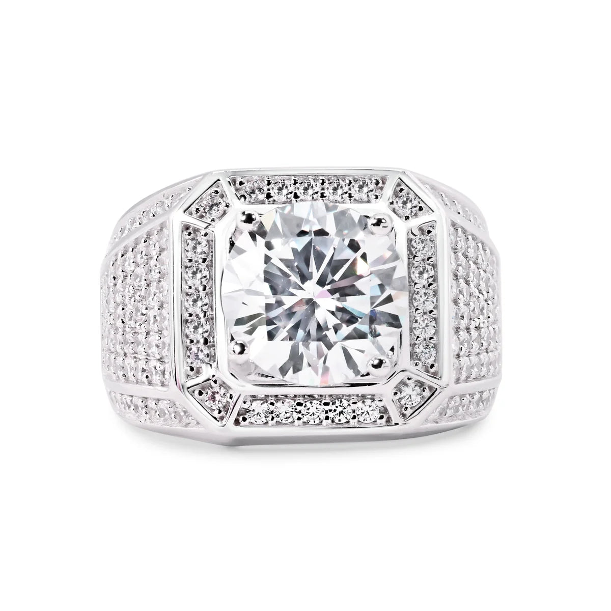 925 Sterling Silver Rhodium Plated Statement Studded Small and Top 8mm Clear CZ Ring