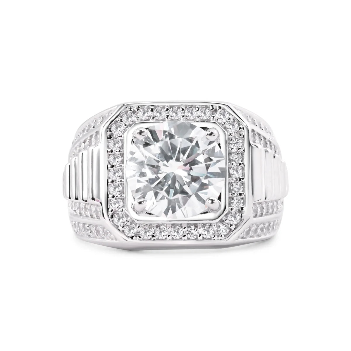 925 Sterling Silver Rhodium Plated Statement Studded Small and Top 8mm Clear CZ Ring