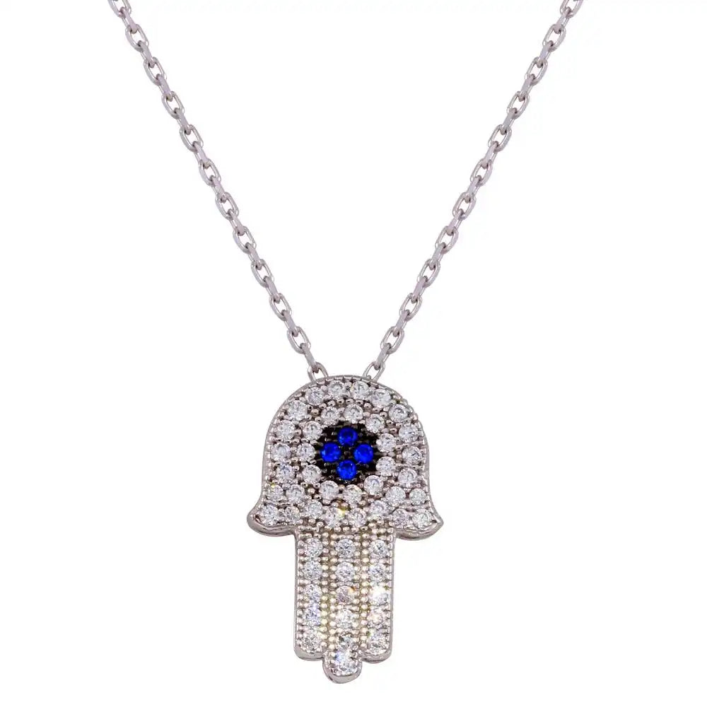 925 Sterling Silver Rhodium Plated CZ Hamsa Necklace