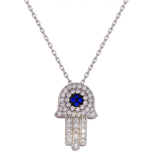 925 Sterling Silver Rhodium Plated CZ Hamsa Necklace