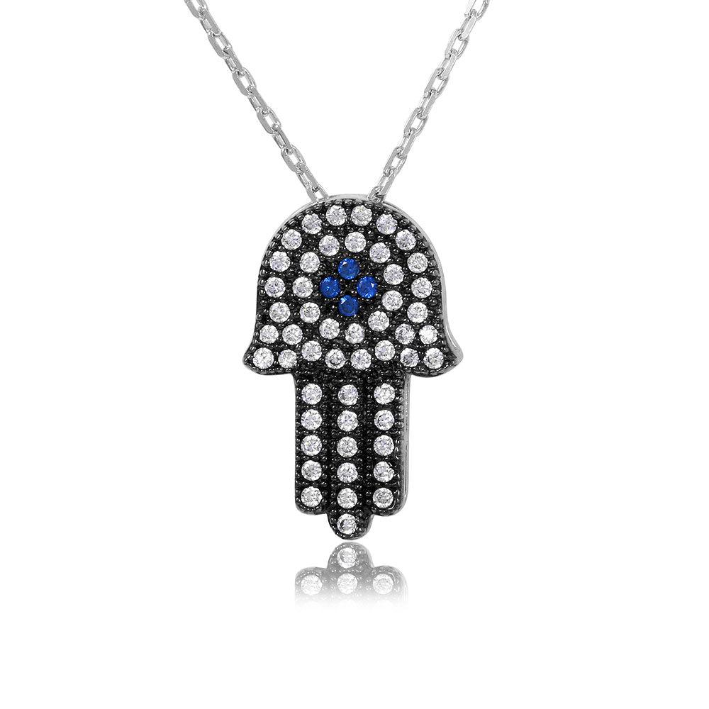 925 Silver Rhodium Plated Black CZ Hamsa Necklace