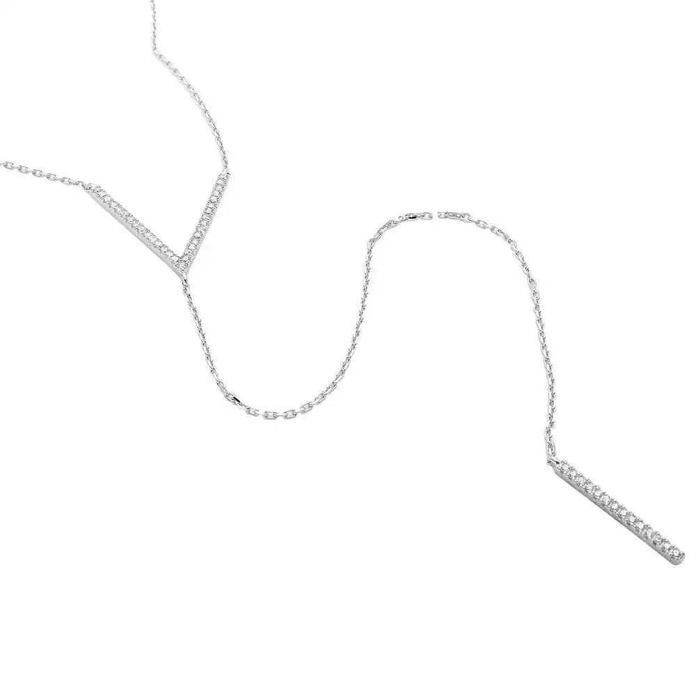 925 Sterling Silver Rhodium Plated V CZ Necklace with Drop CZ Bar