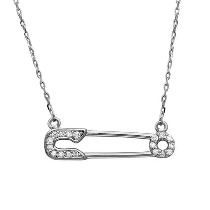 925 Sterling Silver Rhodium Plated CZ Safety Pin Necklace