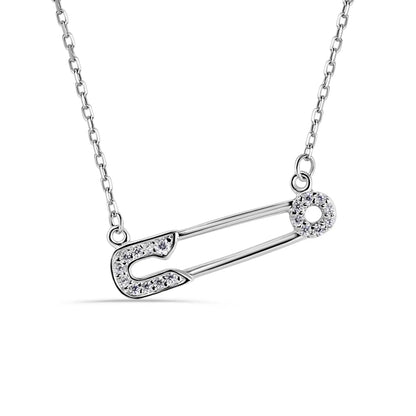 925 Sterling Silver Rhodium Plated CZ Safety Pin Necklace