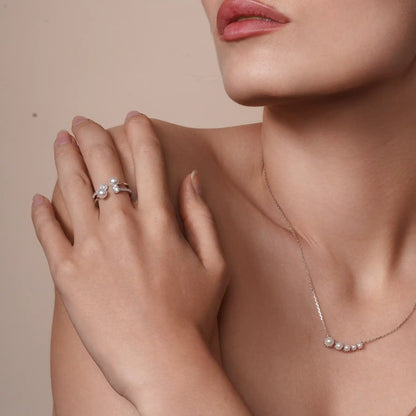 925 Sterling Silver Rhodium Plated 2 Row CZ and Synthetic Pearl Ring