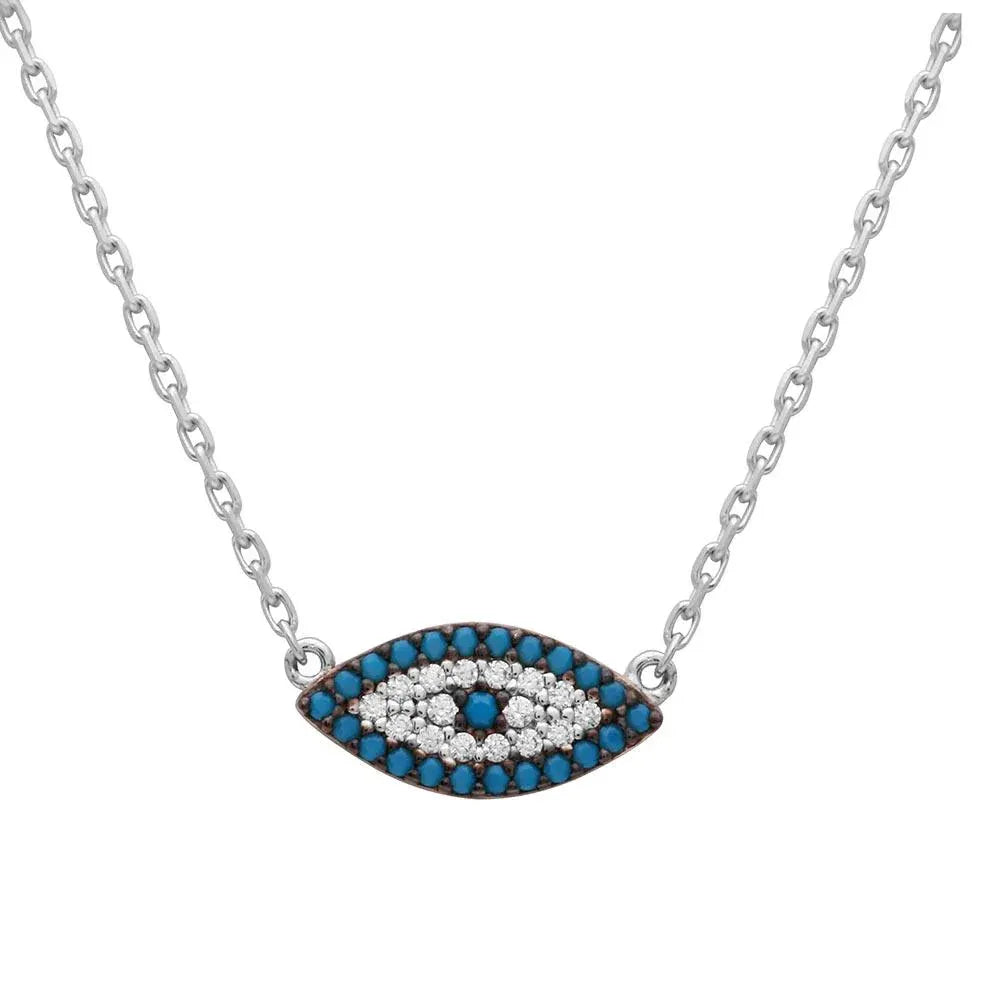 925 Sterling Silver Rhodium Plated Turquoise and CZ Evil Eye Necklace