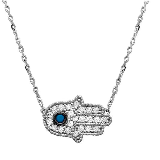 925 Sterling Silver Rhodium Plated CZ Encrusted Hamsa Necklace with Turquoise Stone