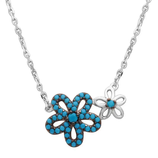 925 Sterling Silver Rhodium Plated Double Flower Necklace with Turquoise Stones