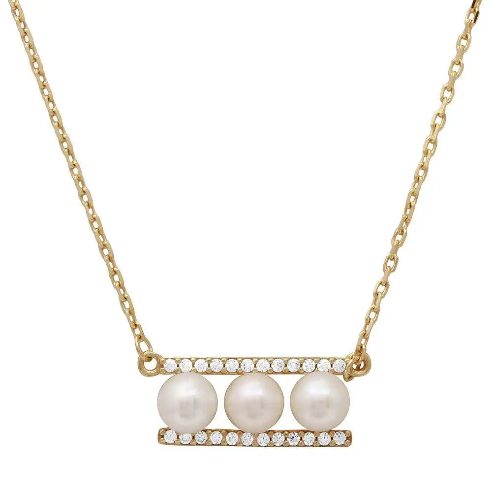 925 Sterling Silver Gold Plated 3 Fresh Water Pearl On 2 CZ Bar Necklace
