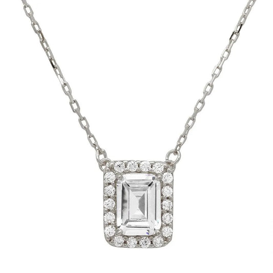 925 Sterling Silver Rhodium Plated Square Halo CZ Pendant with Adjustable Chain