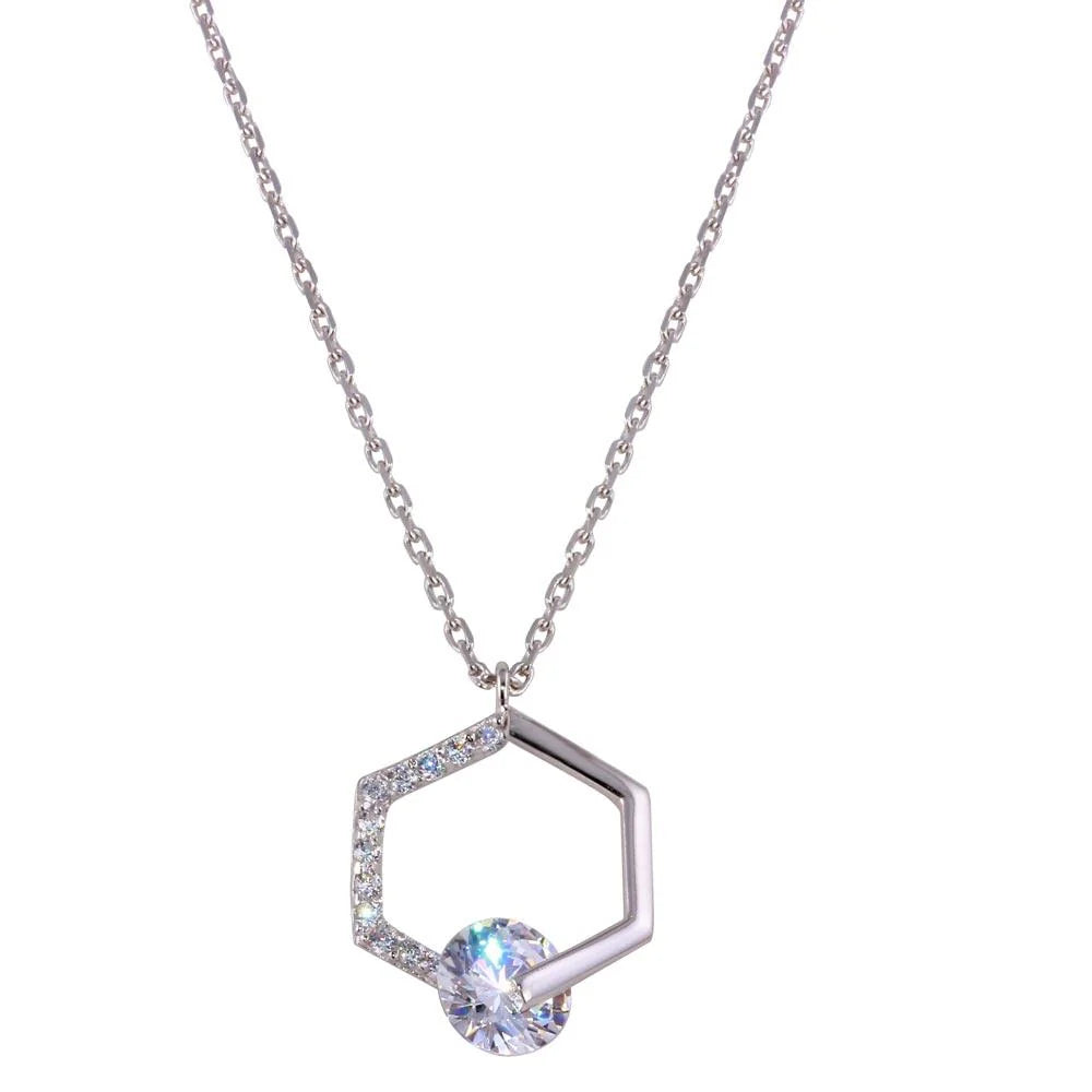 925 Sterling Silver Rhodium Plated Hexagon Pendant Necklace with CZ