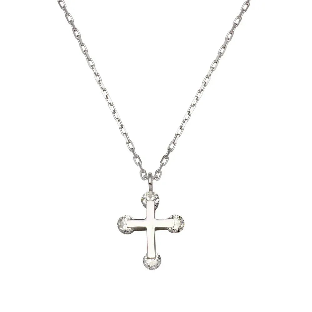 925 Sterling Silver Rhodium Plated Mini Cross Pendant Necklace with CZ