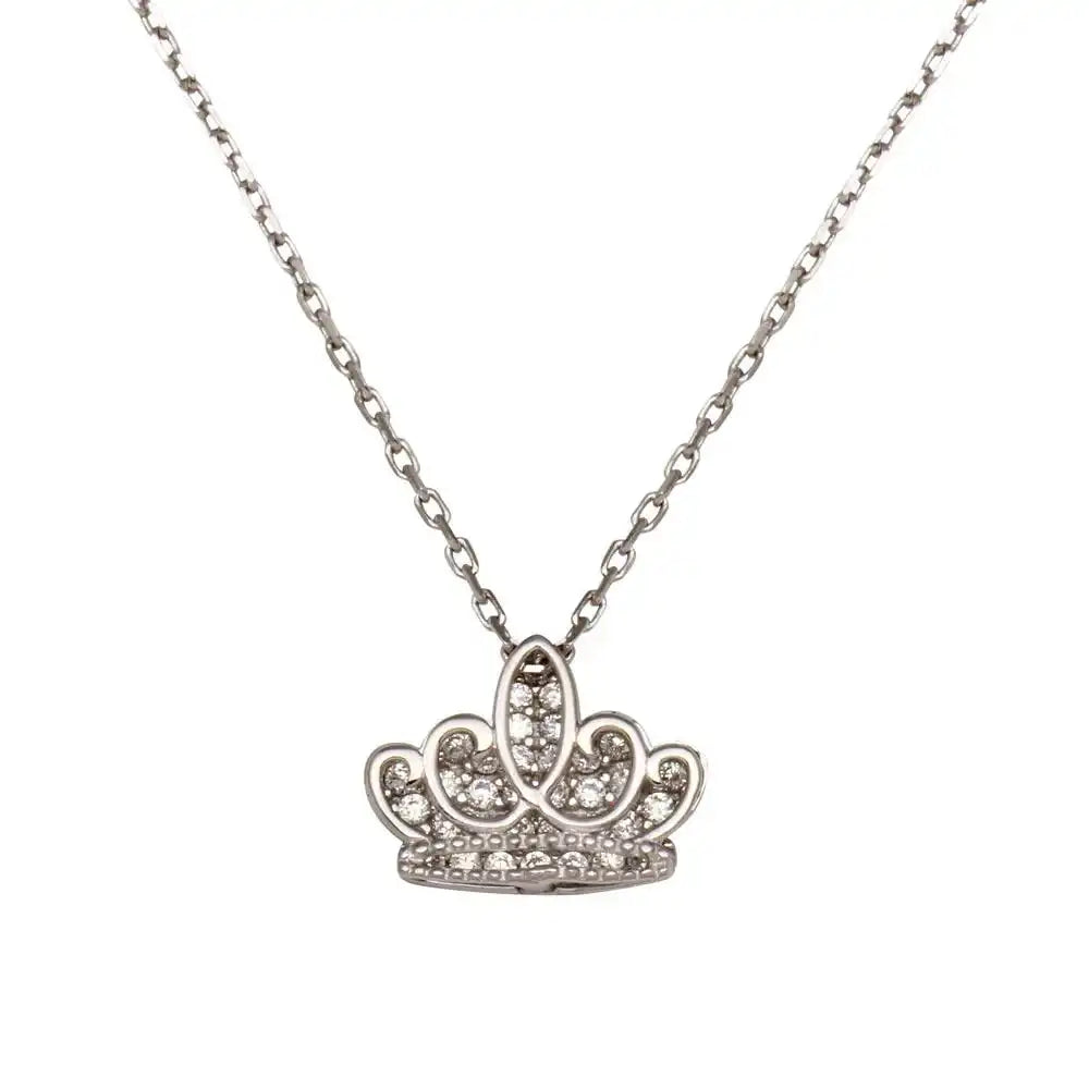 925 Sterling Silver Rhodium Plated Clear CZ Crown Necklace