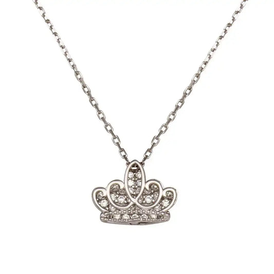 925 Sterling Silver Rhodium Plated Clear CZ Crown Necklace