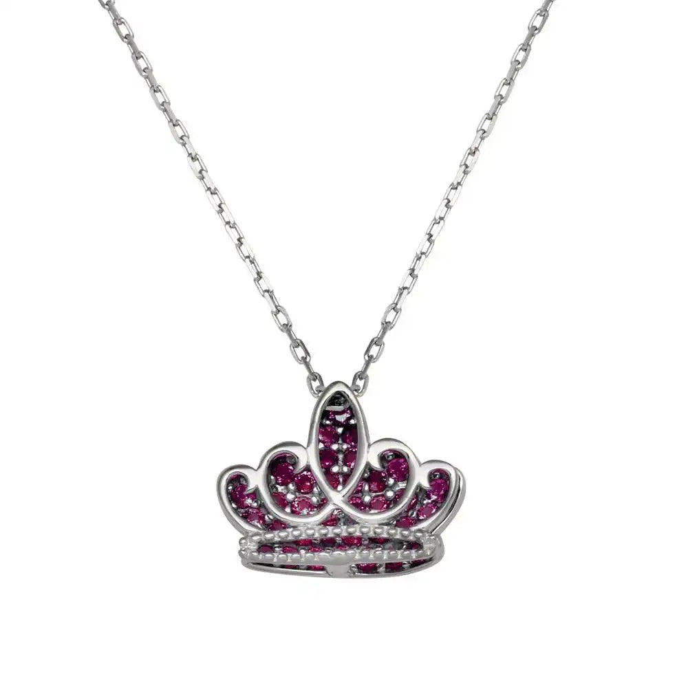 925 Sterling Silver Rhodium Plated Red CZ Crown Necklace