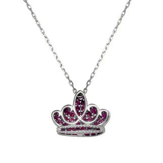 925 Sterling Silver Rhodium Plated Red CZ Crown Necklace