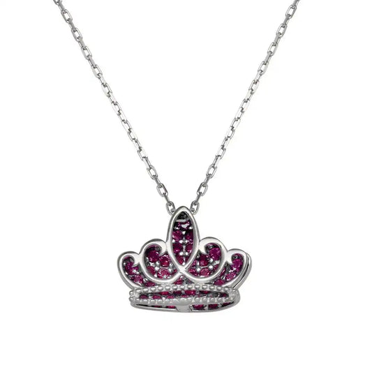 925 Sterling Silver Rhodium Plated Red CZ Crown Necklace