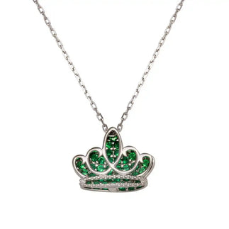 925 Sterling Silver Rhodium Plated Green CZ Crown Necklace