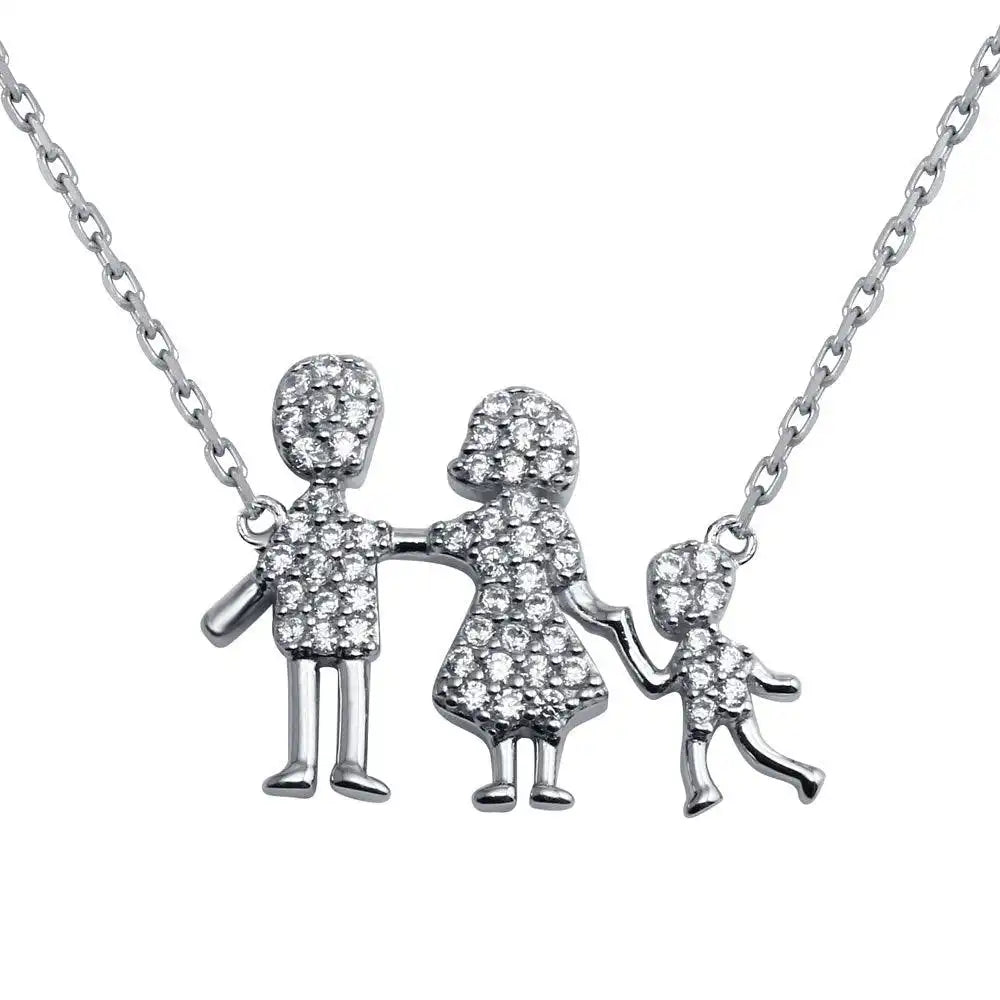 925 Sterling Silver Rhodium Plated CZ Mom, Dad, Baby Boy Family Necklace