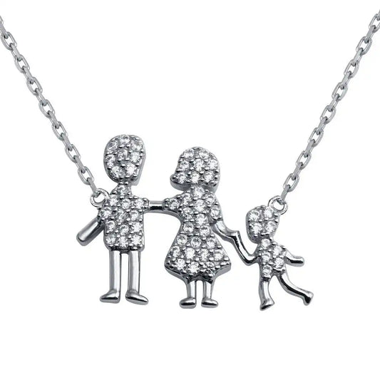 925 Sterling Silver Rhodium Plated CZ Mom, Dad, Baby Boy Family Necklace