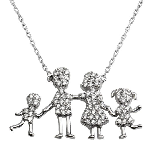 925 Sterling Silver Rhodium Plated CZ Mom, Dad, Baby Boy And Girl Family Necklace