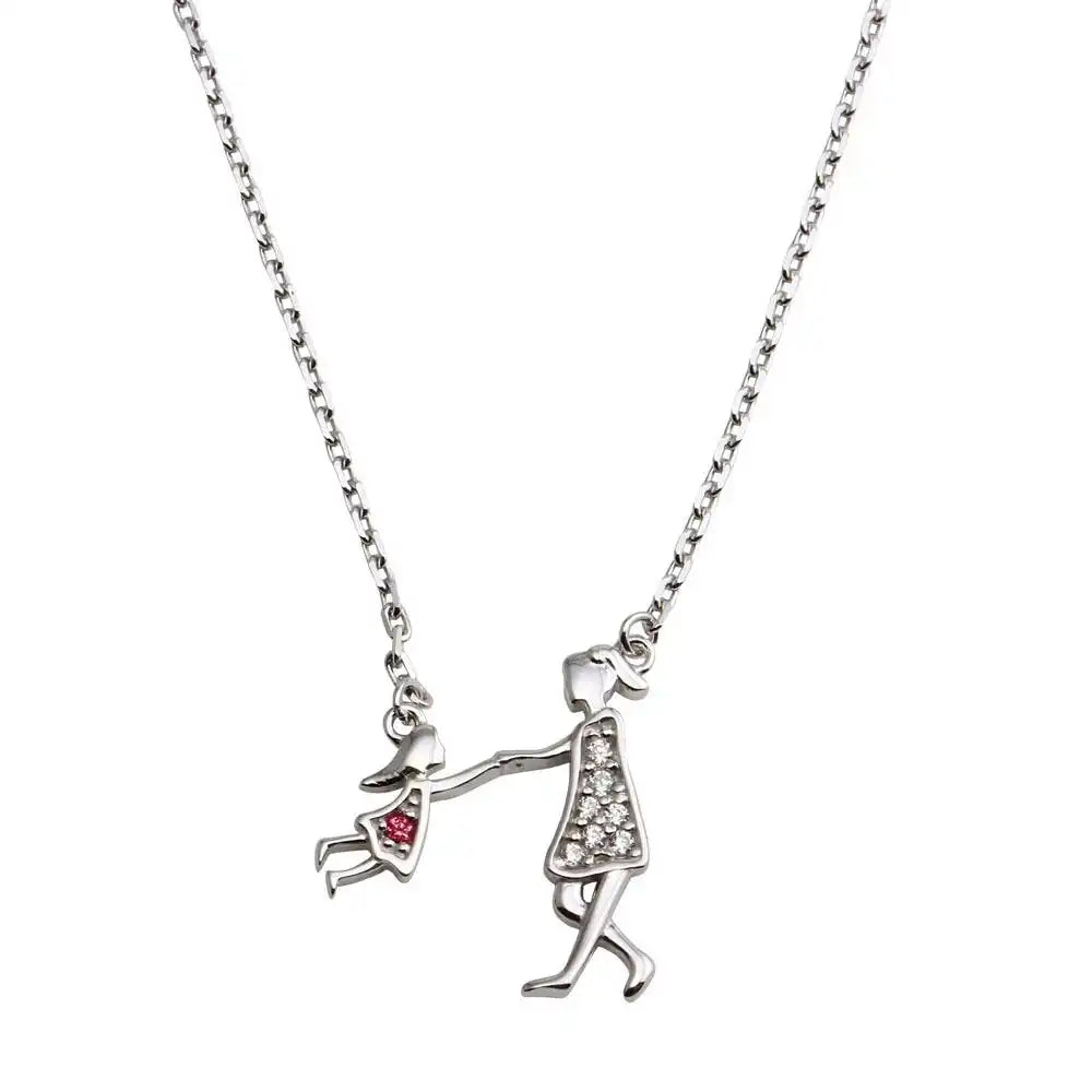 925 Sterling Silver Rhodium Plated Open CZ Playing Mom And Daughter Family Necklace