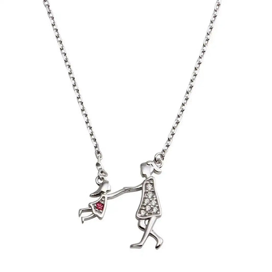 925 Sterling Silver Rhodium Plated Open CZ Playing Mom And Daughter Family Necklace