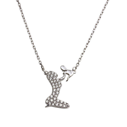 925 Sterling Silver Rhodium Plated Open CZ Playing Mom With Baby Family Necklace