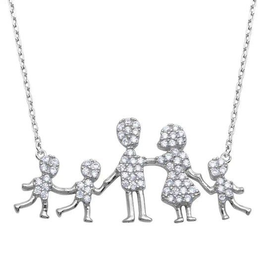 925 Sterling Silver Rhodium Plated Mom, Dad, and 3 Sons Family Necklace with CZ