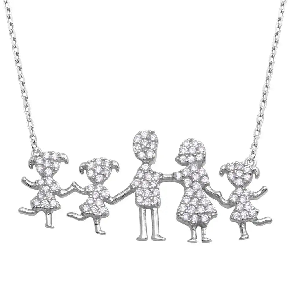 925 Sterling Silver Rhodium Plated Mom, Dad, and 3 Daughters Family Necklace with CZ