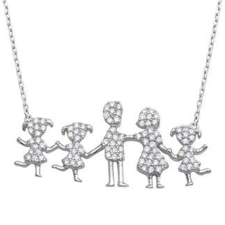 925 Sterling Silver Rhodium Plated Mom, Dad, and 3 Daughters Family Necklace with CZ