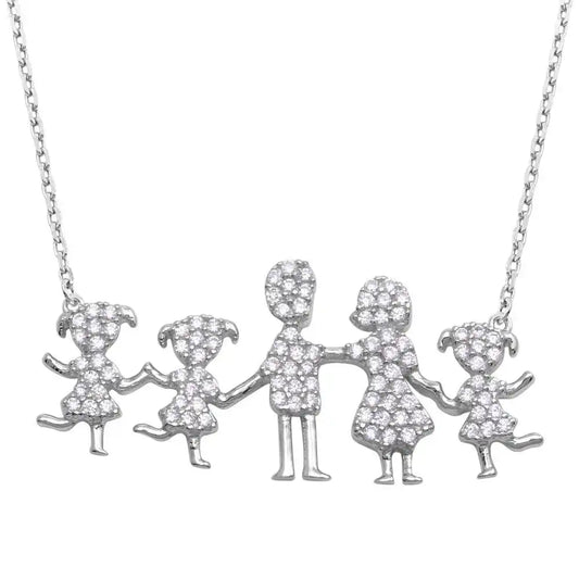 925 Sterling Silver Rhodium Plated Mom, Dad, and 3 Daughters Family Necklace with CZ