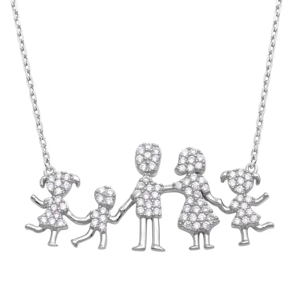 925 Sterling Silver Rhodium Plated Mom, Dad, 2 Daughters, and Son Family Necklace with CZ