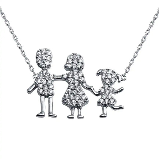 925 Sterling Silver Rhodium Plated Daughter and Parents Family Necklace
