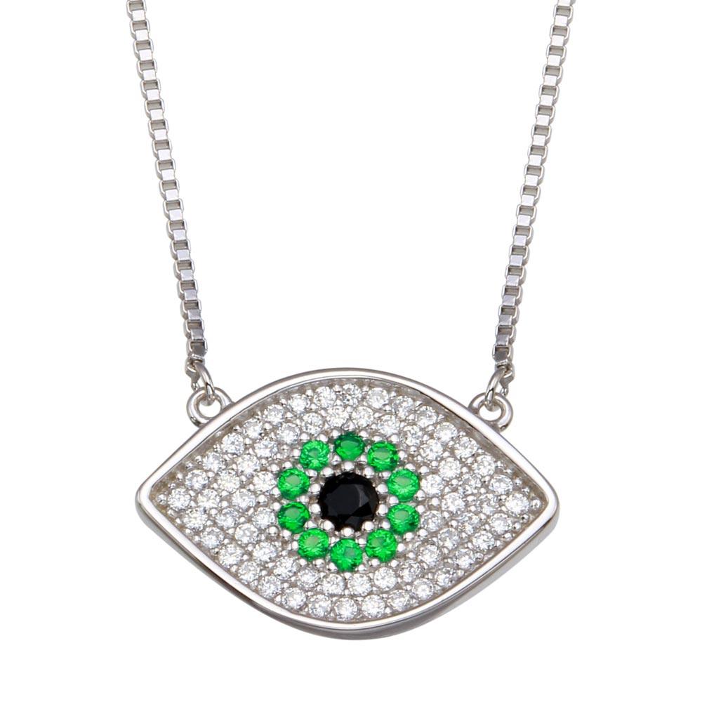 925 Sterling Silver Rhodium Plated Evil Eye Necklace with Green and Clear CZ
