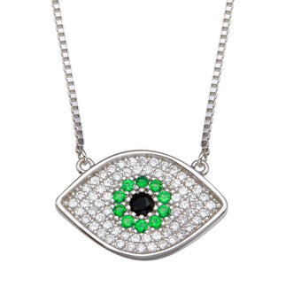925 Sterling Silver Rhodium Plated Evil Eye Necklace with Green and Clear CZ