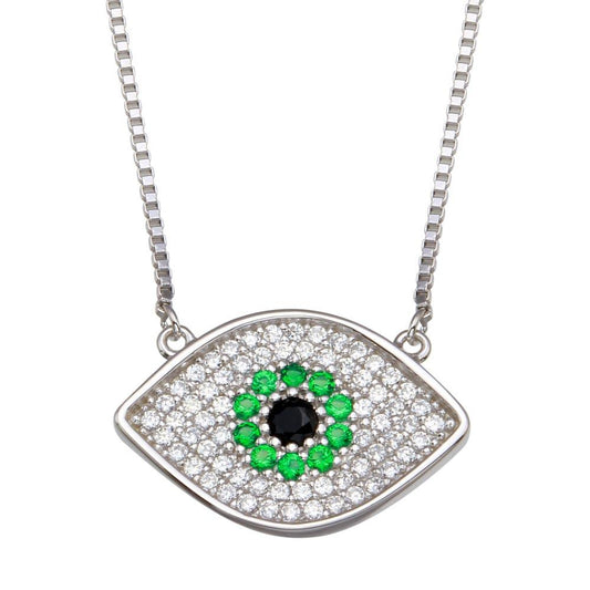 925 Sterling Silver Rhodium Plated Evil Eye Necklace with Green and Clear CZ