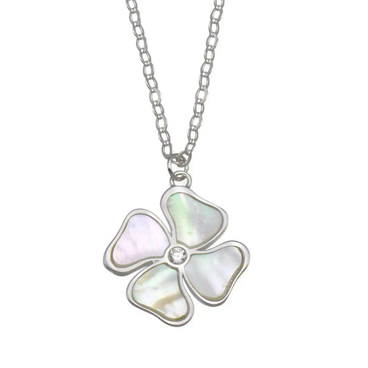 925 Sterling Silver Rhodium Plated Mother of Pearl and CZ Clover Necklace