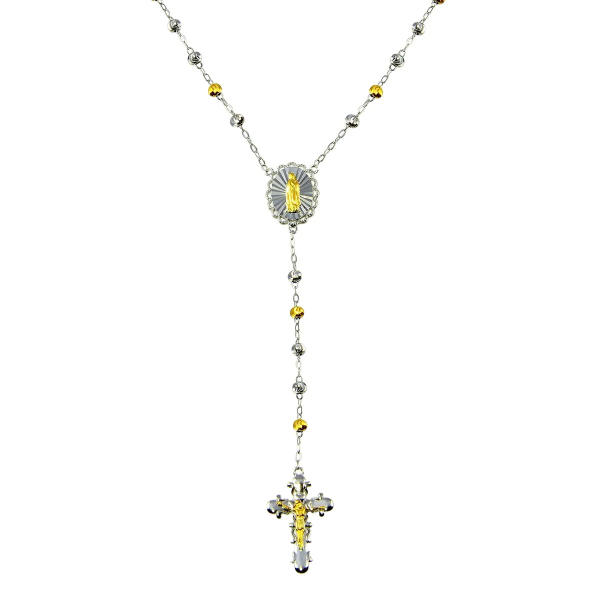 925 Sterling Silver Two-Tone Plated Moissanite Diamond Cut Beaded Rosary Necklace