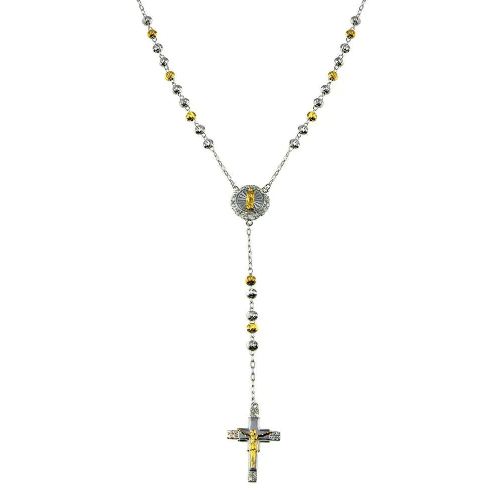 925 Sterling Silver Two-Tone Plated DC Beaded CZ Cross Rosary