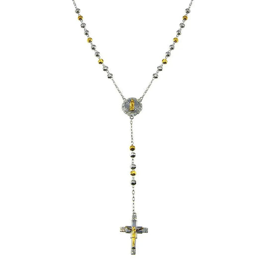 925 Sterling Silver Two-Tone Plated DC Beaded CZ Cross Rosary