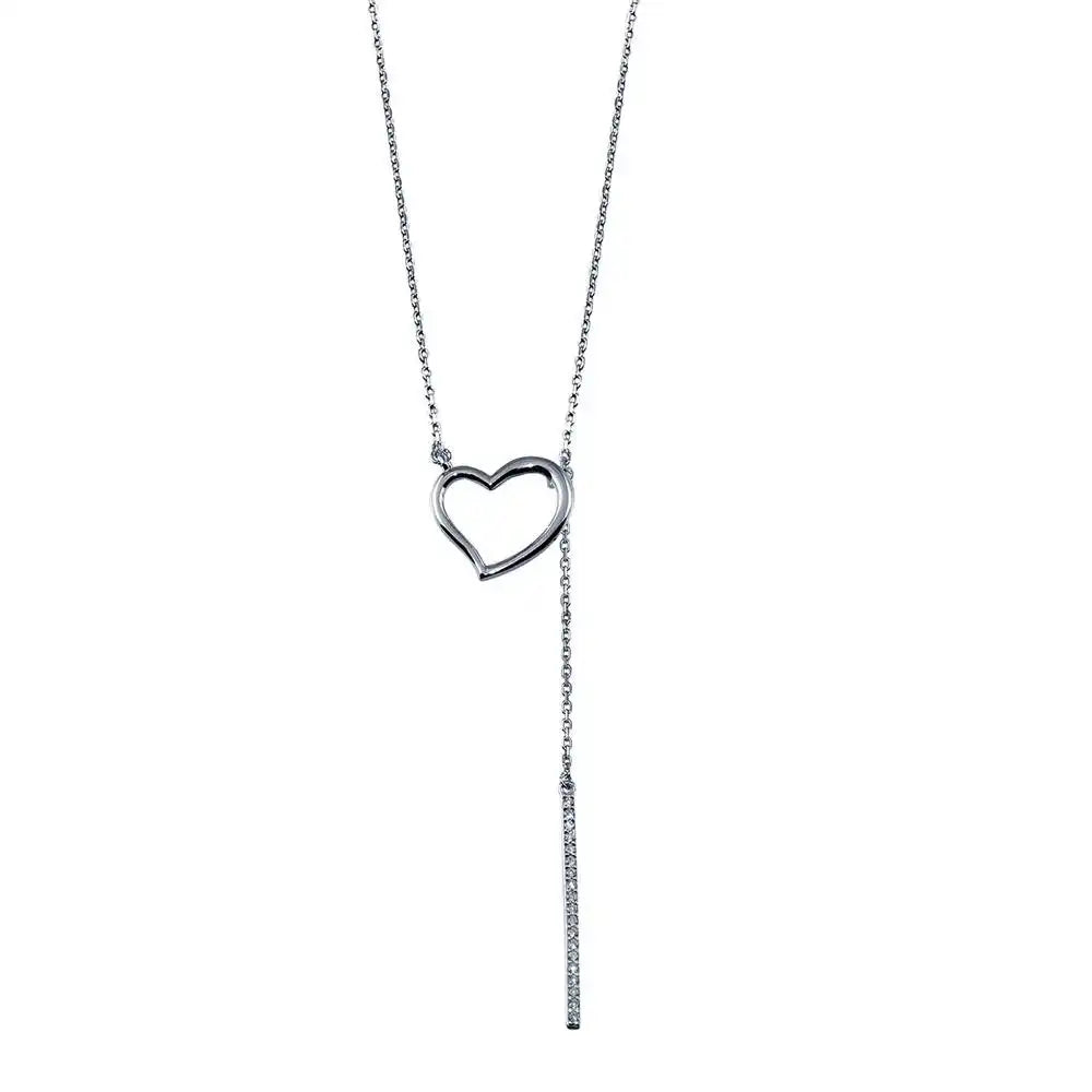925 Sterling Silver Rhodium Plated Open Heart Necklace with CZ Drop Bar