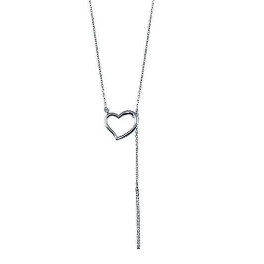 925 Sterling Silver Rhodium Plated Open Heart Necklace with CZ Drop Bar