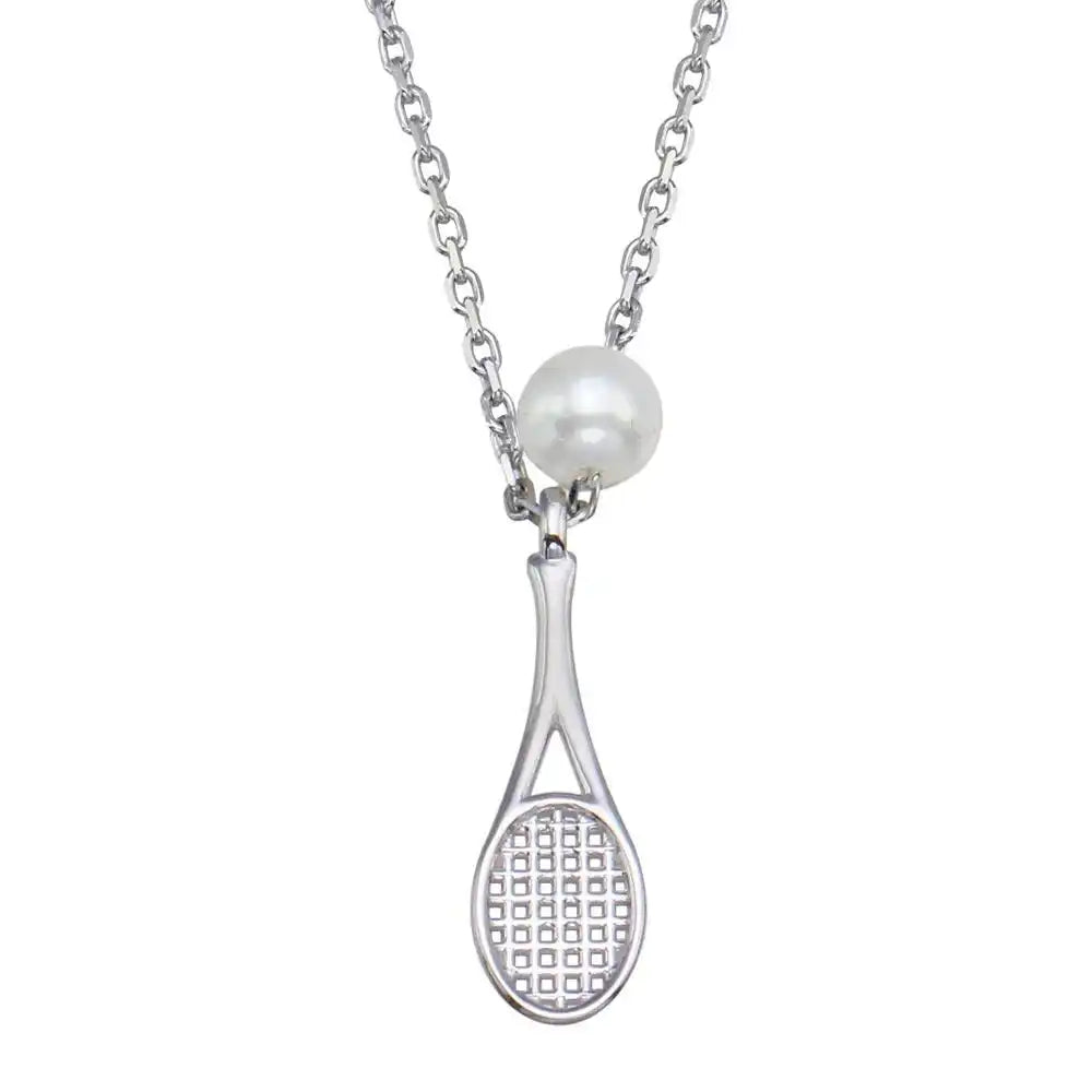 925 Sterling Silver Rhodium Plated Synthetic Mother of Pearl Tennis Racket Necklace