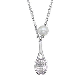 925 Sterling Silver Rhodium Plated Synthetic Mother of Pearl Tennis Racket Necklace