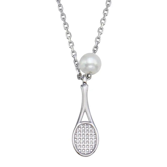 925 Sterling Silver Rhodium Plated Synthetic Mother of Pearl Tennis Racket Necklace