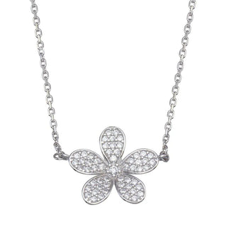925 Sterling Silver Rhodium Plated CZ Flower Necklace