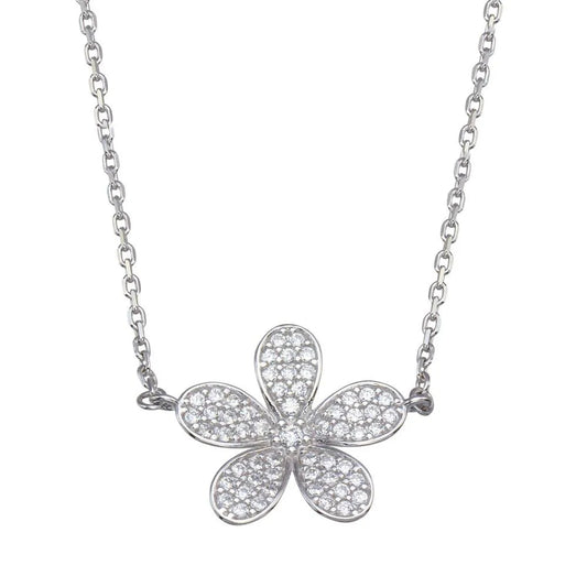 925 Sterling Silver Rhodium Plated CZ Flower Necklace