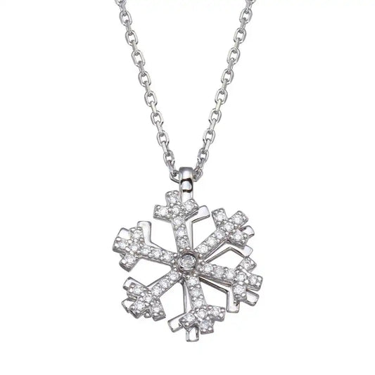 925 Sterling Silver Rhodium Plated Rotating Snow Flake CZ Necklace