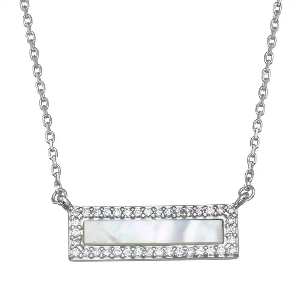 925 Sterling Silver Rhodium Plated Mother Of Pearl Halo Bar Necklace